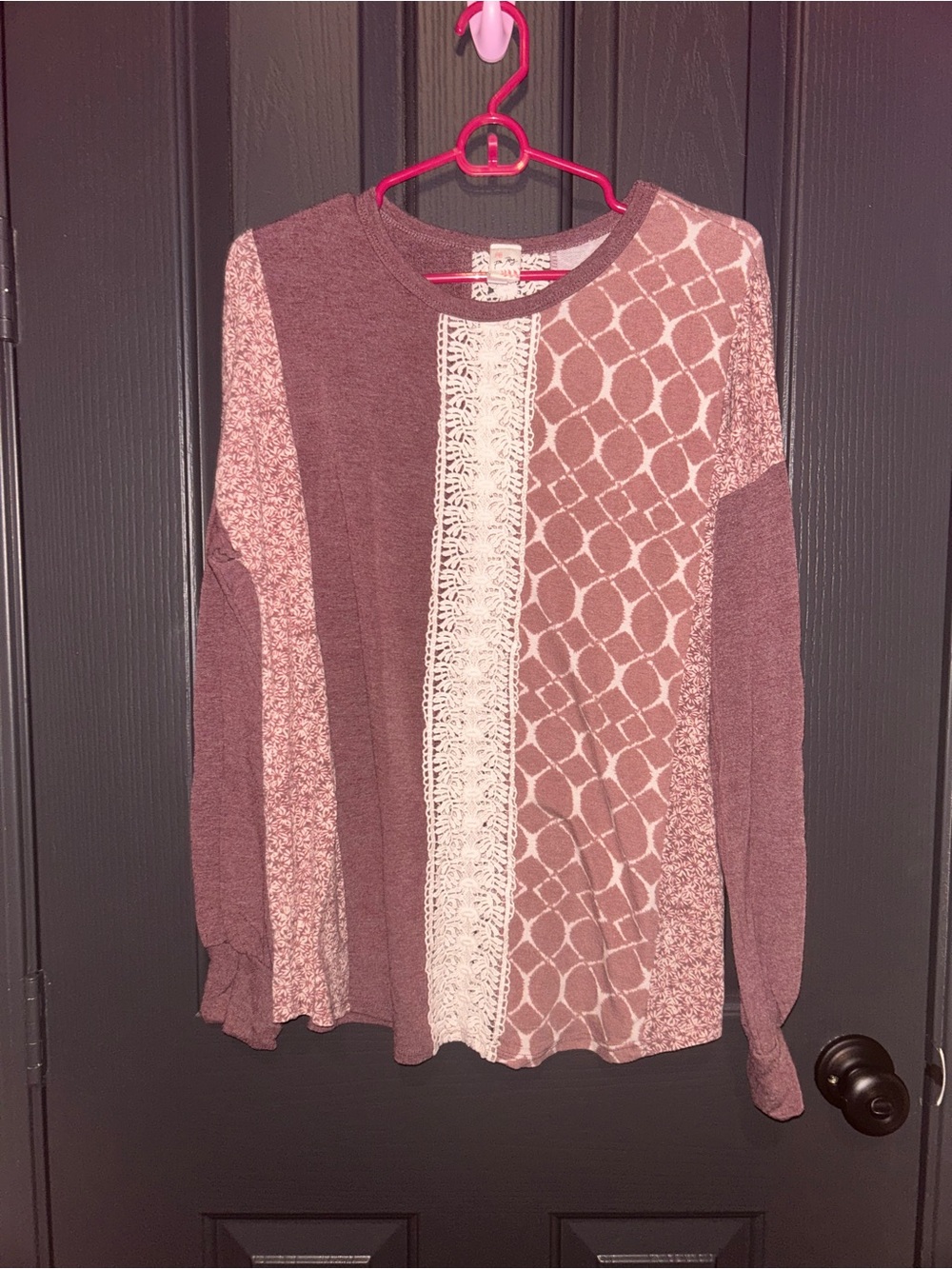 Women’s Mauve Patchwork Long Sleeve Blouse with Lace Panel